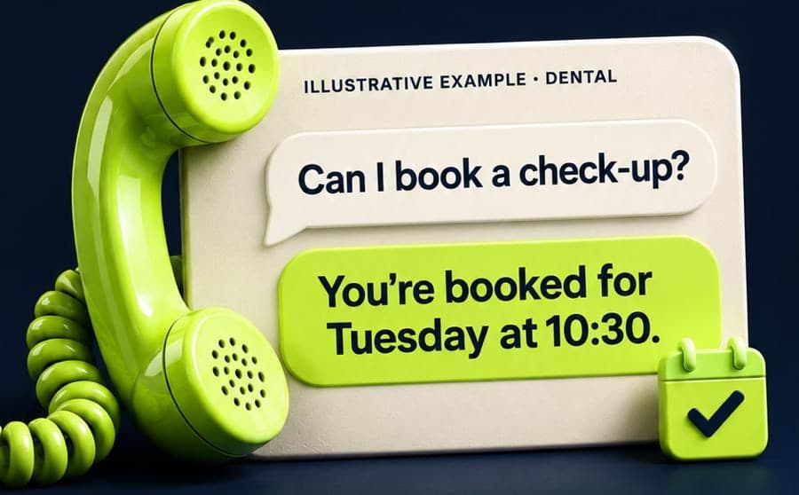 Illustrative example for a dental practice: “Can I book a check-up?” — “You’re booked for Tuesday at 10:30.”