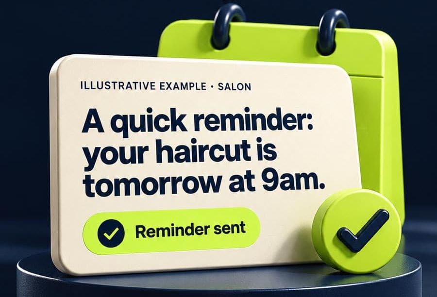 Illustrative example for a salon: “A quick reminder: your haircut is tomorrow at 9am.” — Reminder sent.