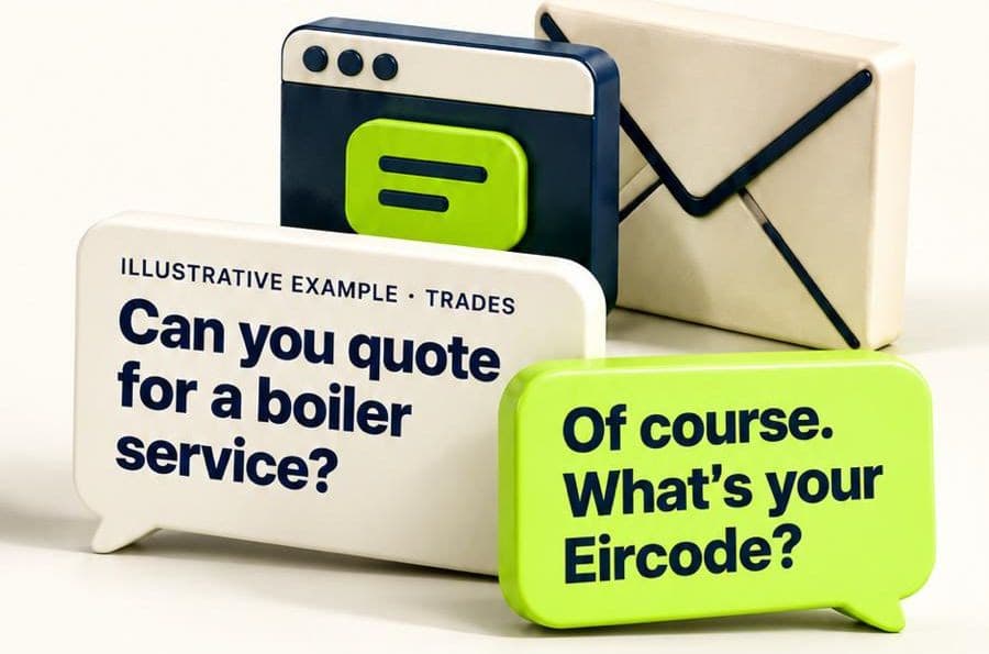 Illustrative example for a trades business: “Can you quote for a boiler service?” — “Of course. What’s your Eircode?”